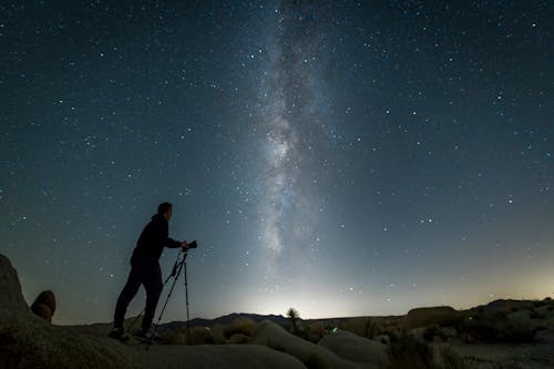 A Man Taking Photographs of the Starry Night Sky