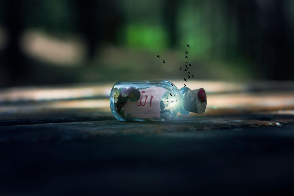 A captivating surreal image featuring a message in a glass bottle with a cork lid on a wooden surface.