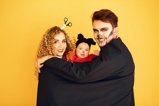 Family in Halloween costumes posing against a yellow background, embracing and smiling.