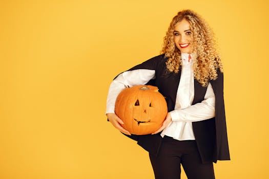 一位身穿德古拉服装的年轻女子面带微笑，手拿南瓜，背景是充满活力的黄色