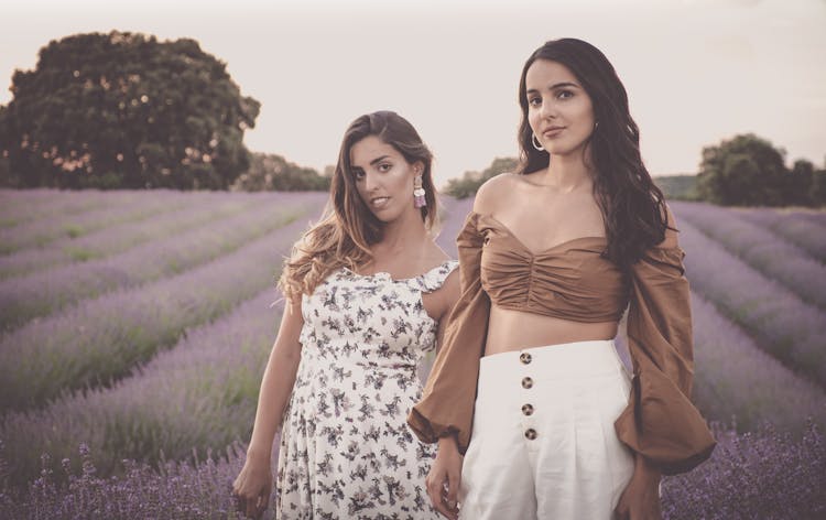 Beautiful Women Standing On Lavender Fields