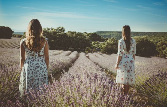 两个女人穿着花裙子，在一片盛开的熏衣草田里散步