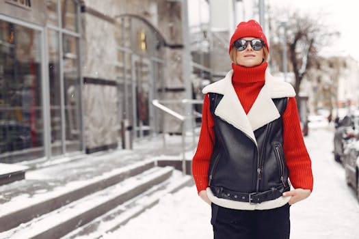 Fashionable woman in red and black winter attire on a snowy city sidewalk.