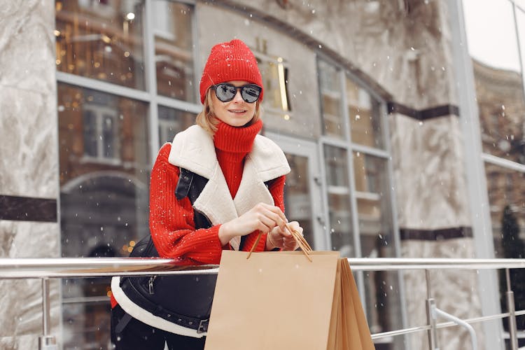 A Woman Out For Shopping During  Winter