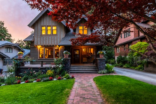 A picturesque suburban house with a lush garden, captured at twilight. Perfect for real estate and lifestyle themes.
