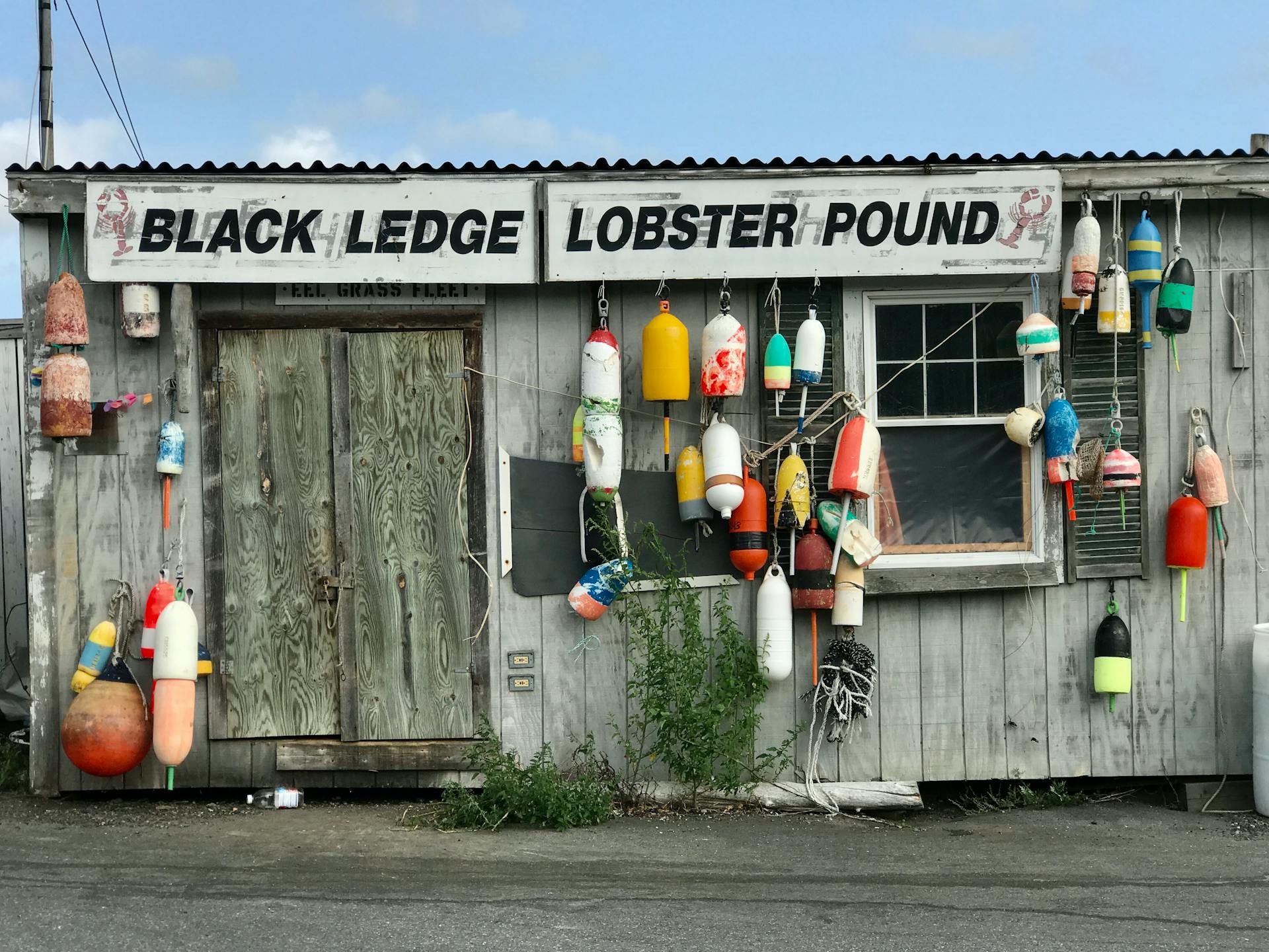 Colorful buoy-decorated lobster pound in Southwest Harbor, ME, showcasing coastal charm.