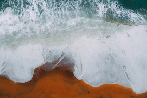 From above of wave of ocean rolling on wet sand of bright beach