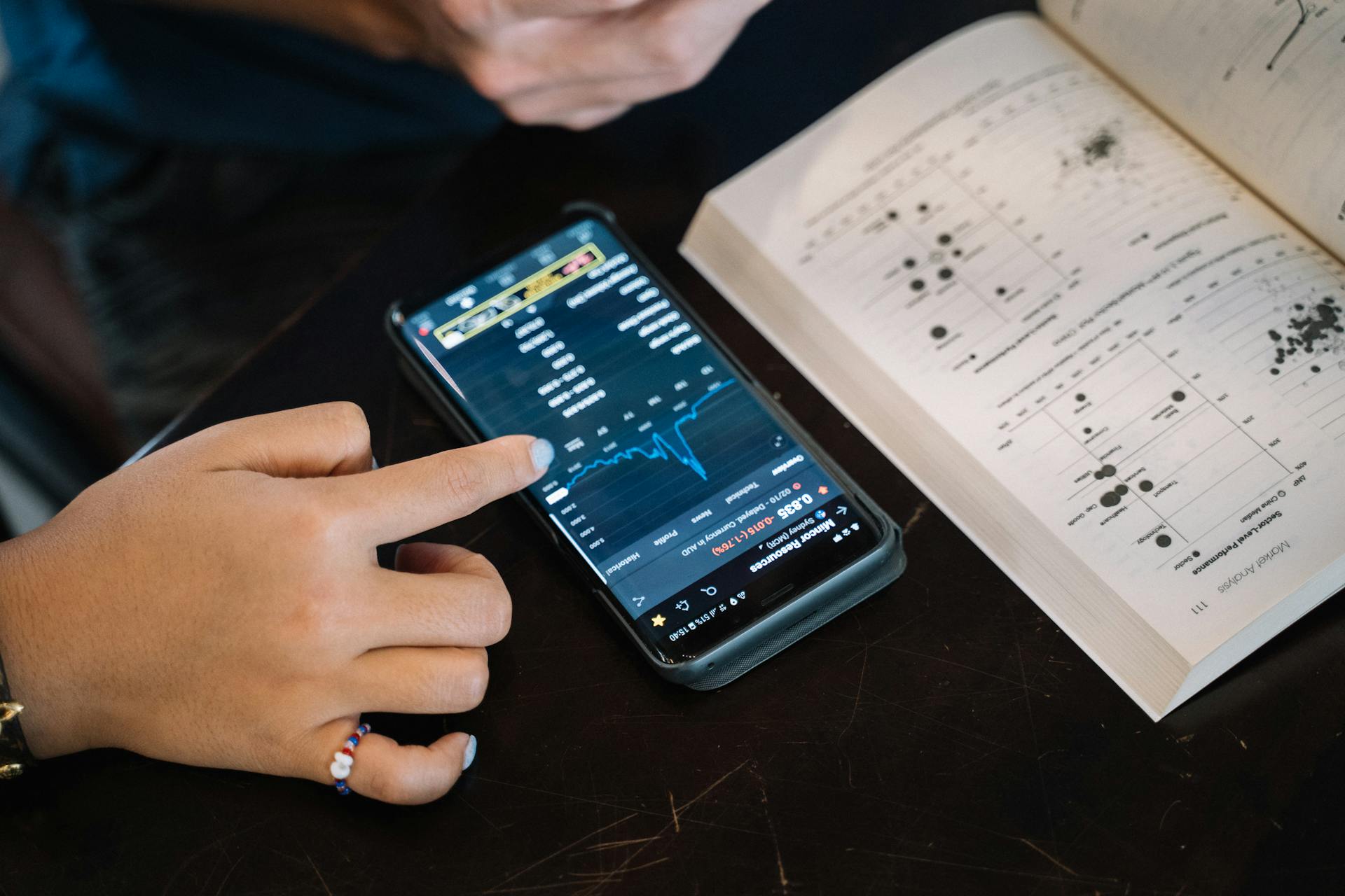 Hand pointing at smartphone displaying financial data, with open book nearby.