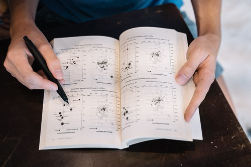 Free Person analyzing data charts in a book using a pen, close-up perspective. Stock Photo