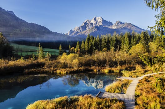 Serene mountain lake with forest reflections and a clear blue sky.