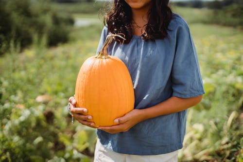 Crop young girl with fresh pumpkin
