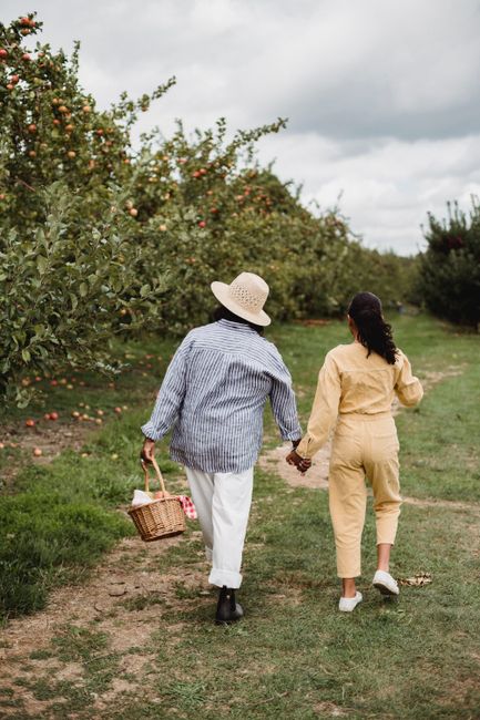 Full body back view of unrecognizable parent and teen girl holding hands while walking with basket of apples in garden