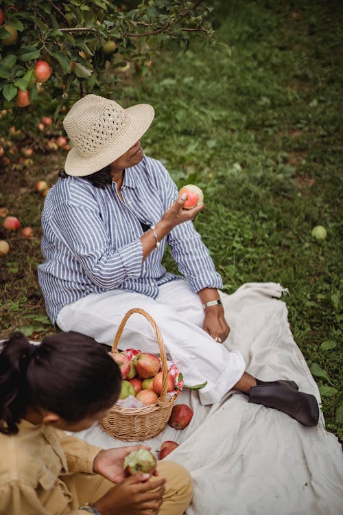 Free From above of anonymous ethnic mom and daughter eating apples while resting on plaid in orchard Stock Photo