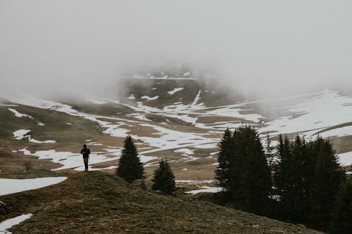 Faceless person strolling on valley with coniferous trees and snow under cloudy sky