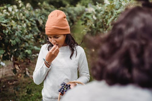 Free Ethnic girl trying delicious grapes in garden Stock Photo