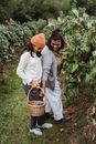 Smiling Asian women picking up grapes in countryside