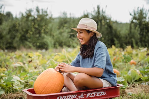 Happy ethnic girl with big pumpkin sitting with crossed legs in garden cart near plants while looking forward on farmland