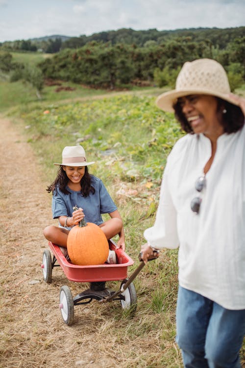 Cheerful ethnic mother carrying daughter with pumpkin in garden cart