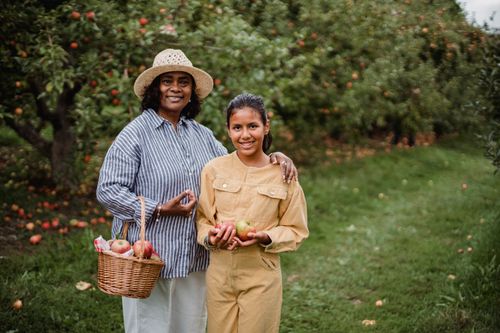 Free Content ethnic female harvester with wicker basket embracing charming girl on path near apple trees while looking at camera Stock Photo