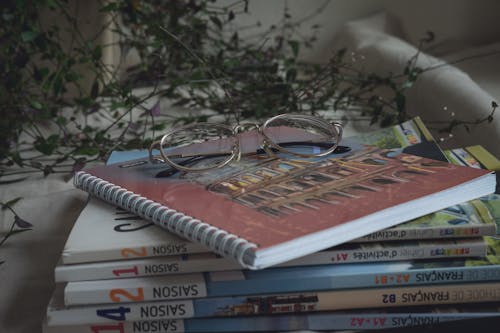 Student books with notepad and glasses