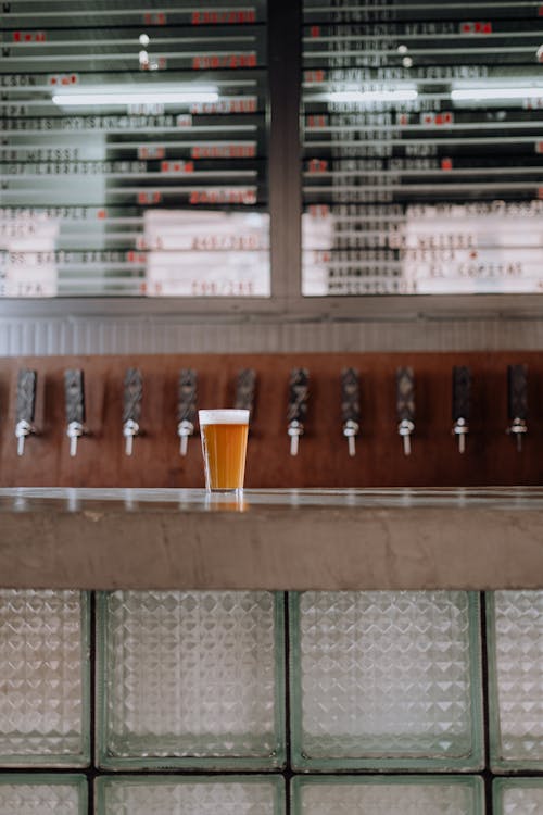 Clear Drinking Glass with Beer on Concrete Bar Counter