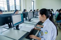 Woman in Blue Shirt Using Computer
