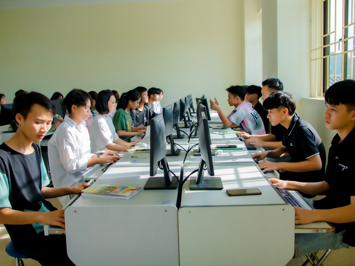 Students working at computers during a class