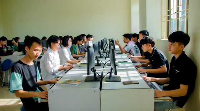 Students working at computers during a class