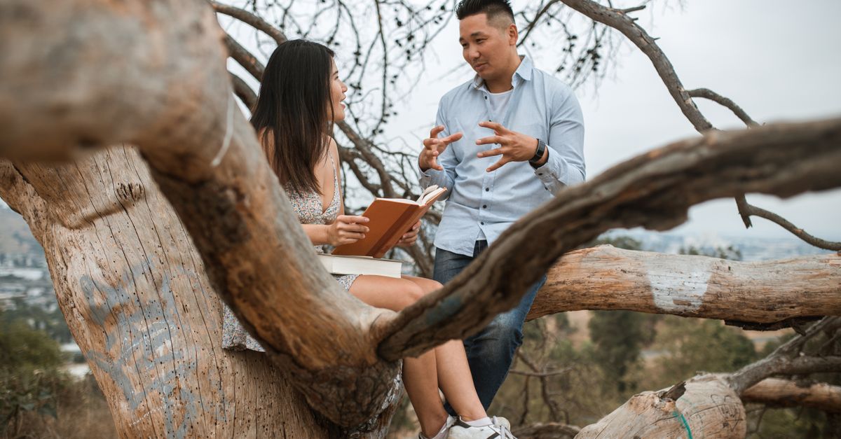 Asian couple enjoying a thoughtful conversation sitting on a tree branch outdoors.