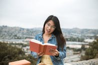 Woman Reading a Book with her Mouth Open