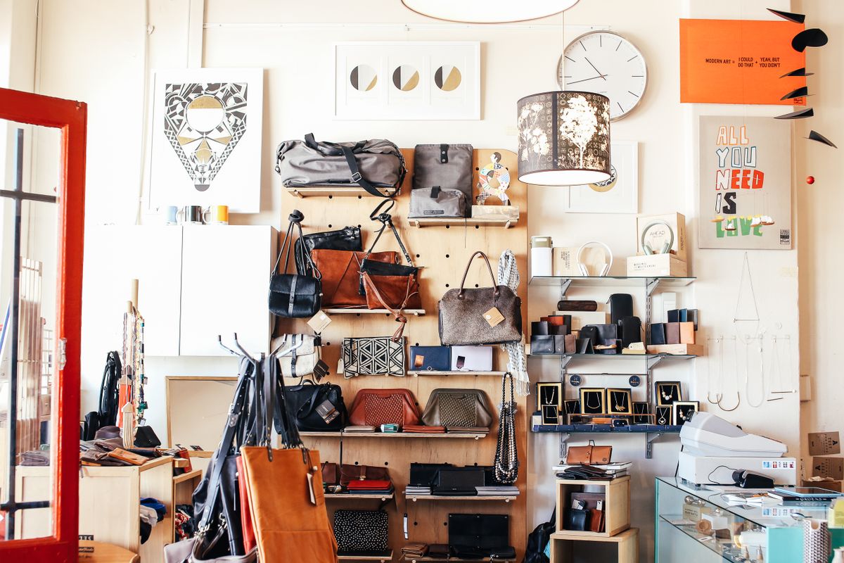 Leather bags on shop shelves