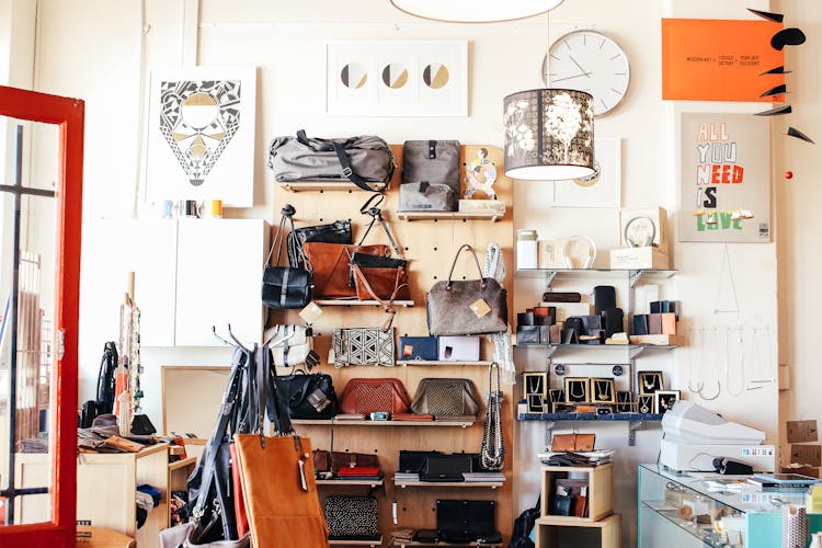 Assorted Purses On Shelves In Shop