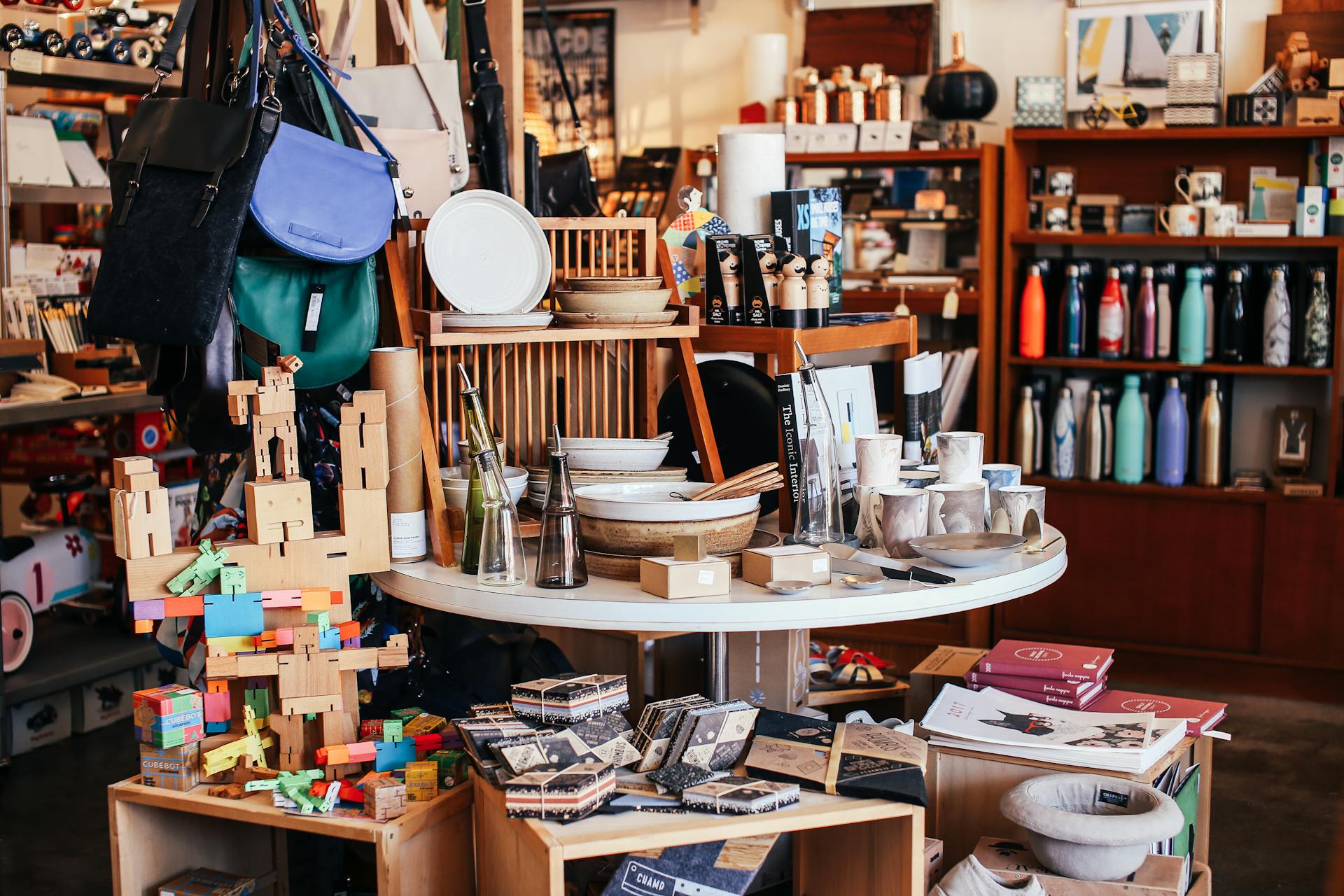 Table with various goods in shop