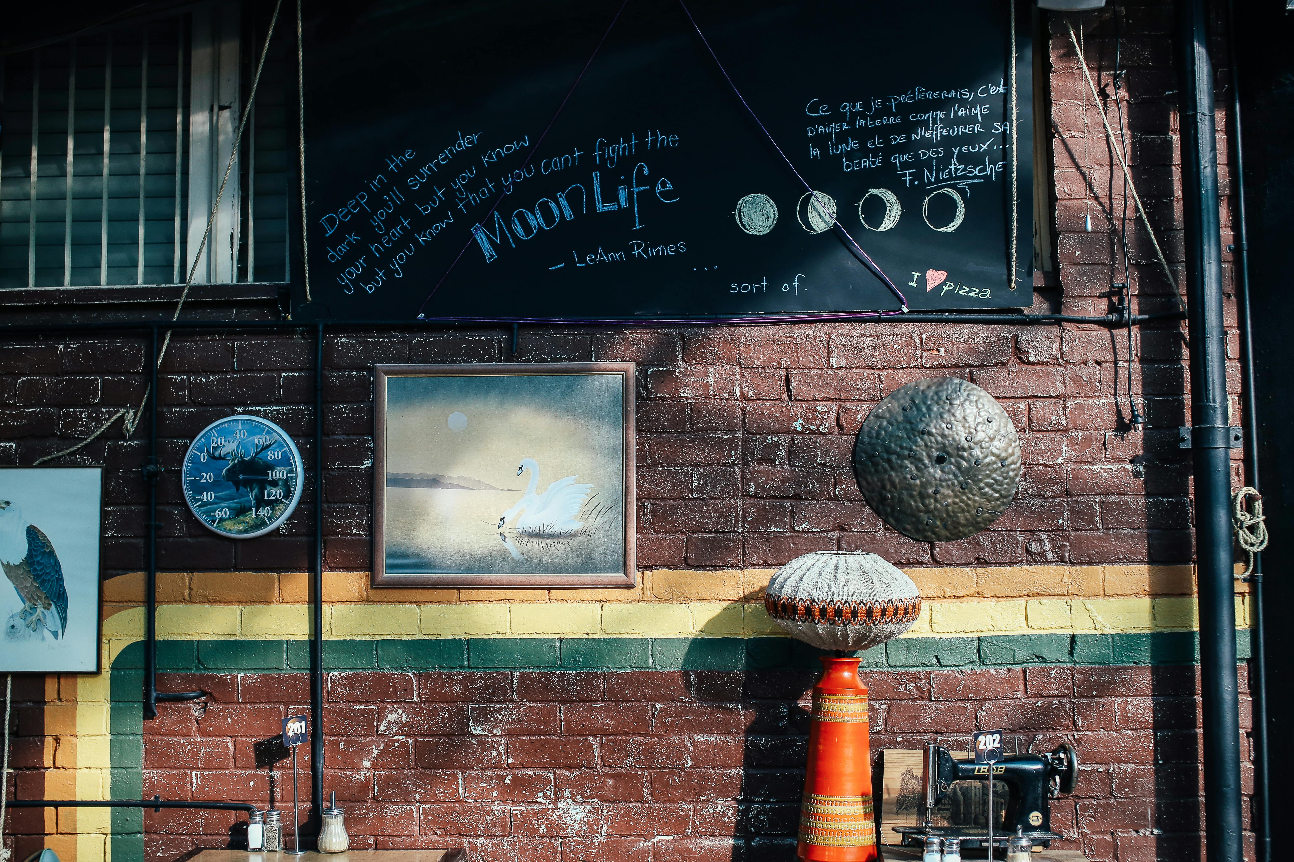 brickwall with blackboard clock and sowing machine