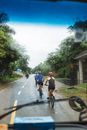 在阴天，人们喜欢在绿树成荫、风景秀丽的热带道路上骑自行车