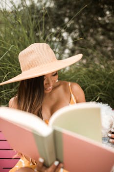 一位微笑的女人喜欢戴着时尚的遮阳帽在阳光下阅读