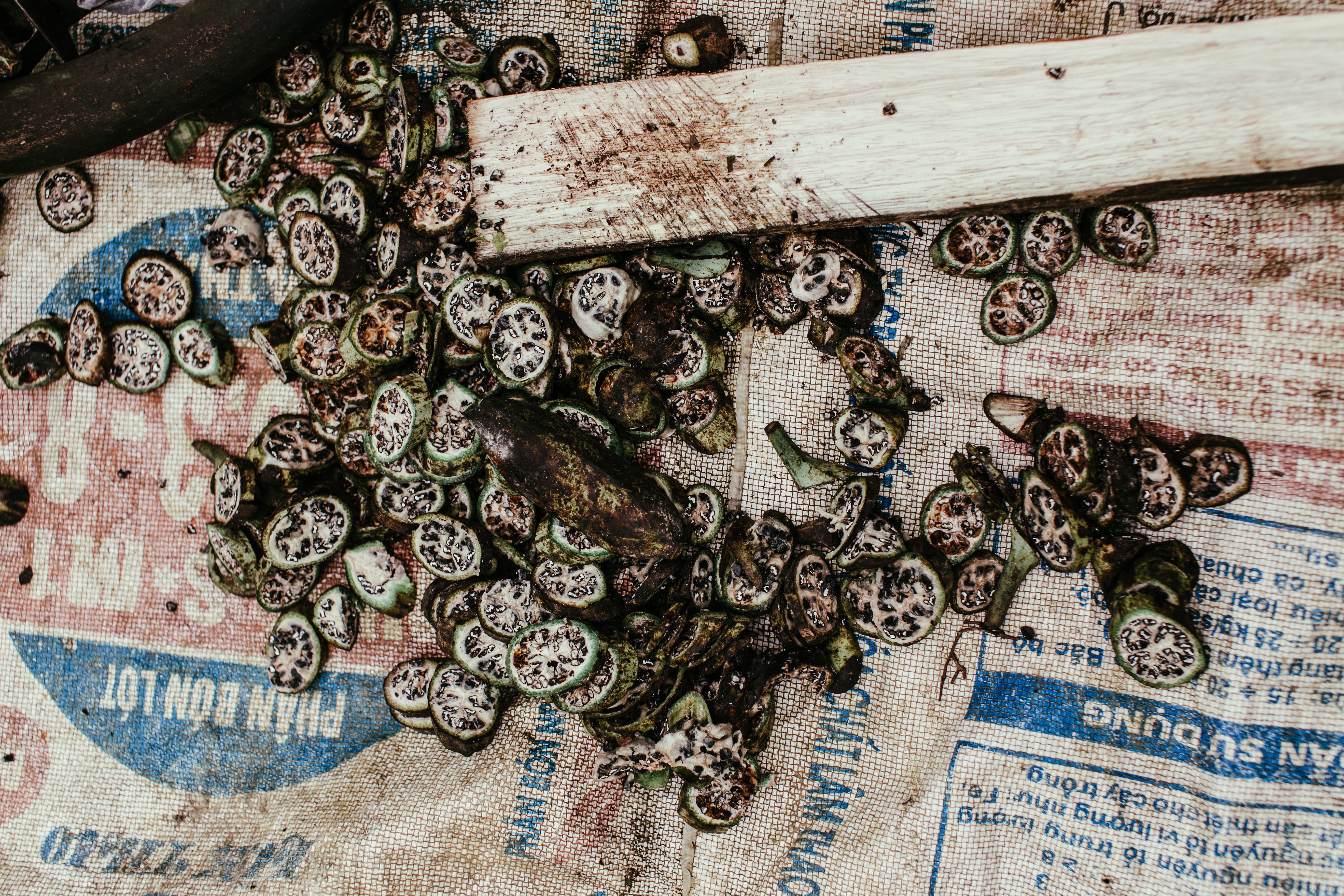 A detailed view of sliced vegetables on a textured, printed surface, showcasing organic textures and patterns.