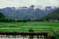 Green Grass Field Near Lake Under Cloudy Sky