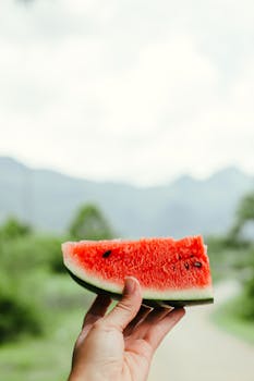 Vibrant slice of watermelon held up against a blurred outdoor background, conveying freshness.