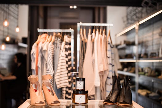 Stylish boutique showcasing clothing and footwear in a chic, modern interior.