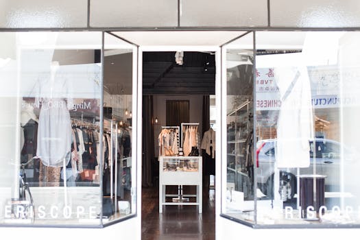 Entrance to a chic clothing boutique with stylish window displays and curated apparel.