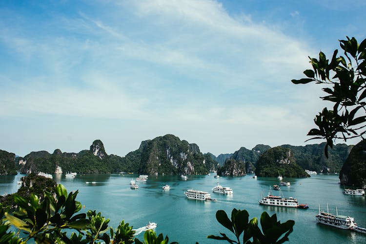 Cruise Ships Sailing Across Tropical Sea