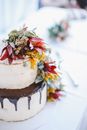 Chocolate Cake With White Icing and Red Yellow and Green Flower on Top