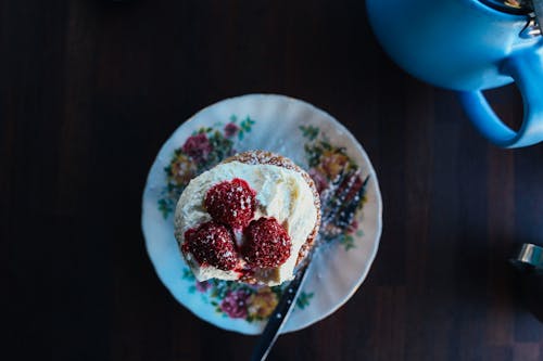 Strawberry Cupcake on White Floral Ceramic Plate