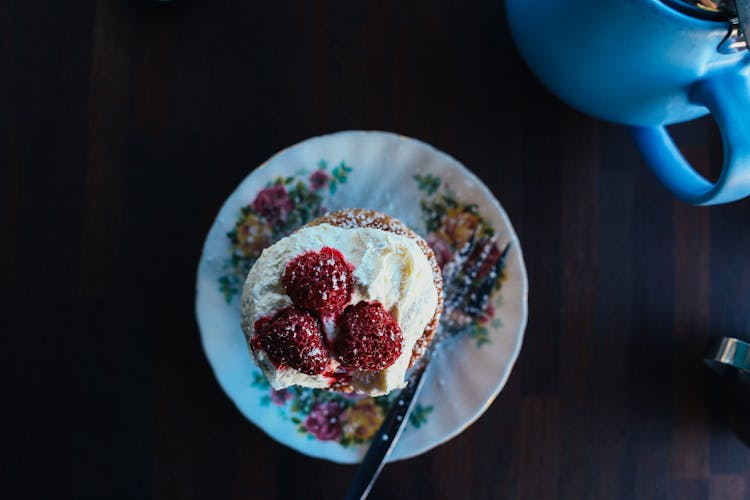 Strawberry Cupcake On White Floral Ceramic Plate