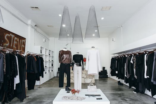 Chic boutique with elegant clothing display and stylish interior design.