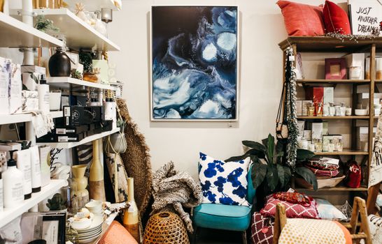 Inviting interior showcasing art, cushions, and home decor products in a retail setting.