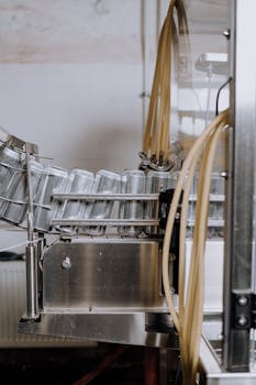 Vertical shot of an automated canning machine in a beverage factory showing aluminum cans in production.