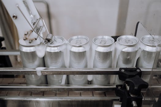 Close-up of aluminum cans on an assembly line in a modern brewery showing automation and machinery at work.