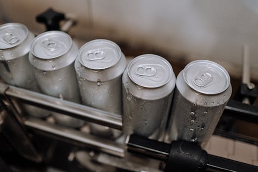 Detail view of aluminum cans with condensation in a manufacturing setting.